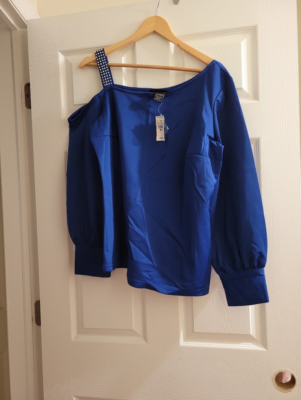 Ashley Stewart Royal Blue One-Shoulder Long Sleeve Top with Studded Strap